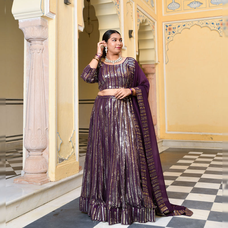 Purple & Dazzle Sequin Embroidered Pure Georgette Lehenga Set