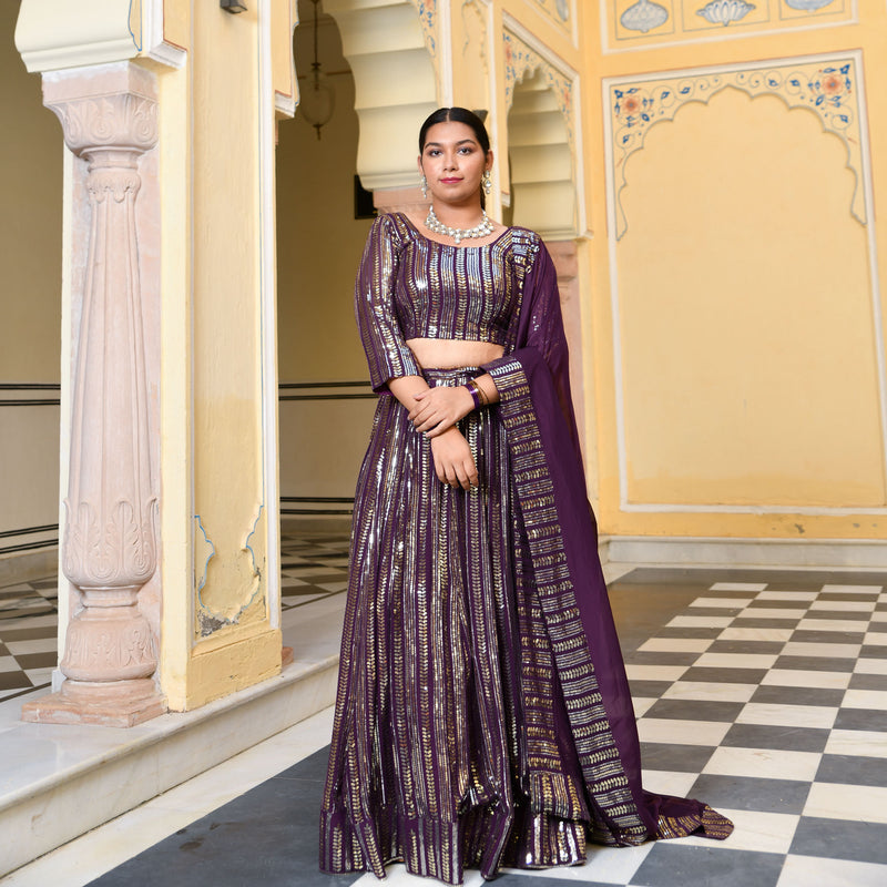 Purple & Dazzle Sequin Embroidered Pure Georgette Lehenga Set