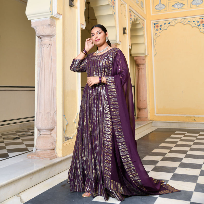 Purple & Dazzle Sequin Embroidered Pure Georgette Lehenga Set
