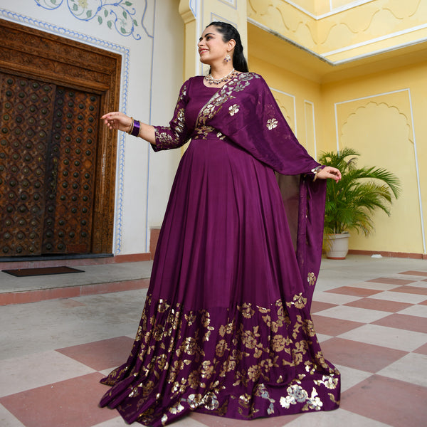 Deep Violet Sequin Chinon Dress With Belt Drape