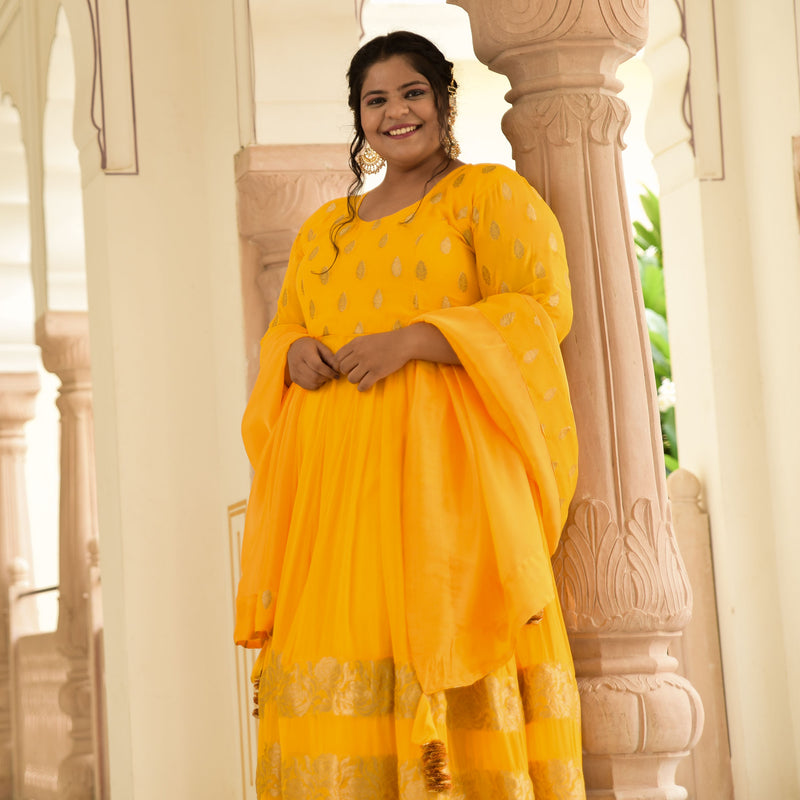 Sunglow & Gold Panelled Banarasi Anarkali