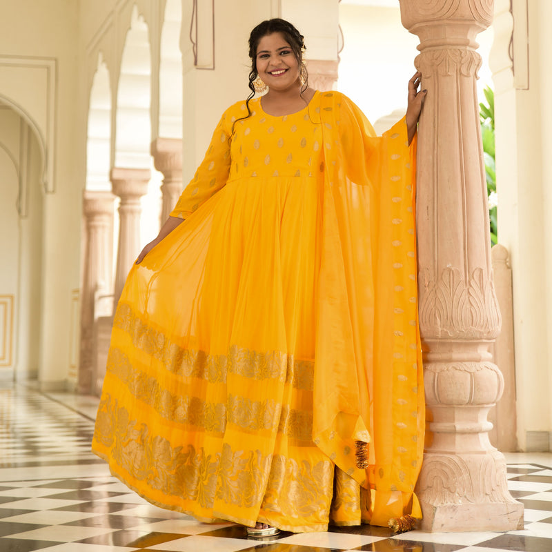 Sunglow & Gold Panelled Banarasi Anarkali