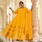 Sunglow & Gold Panelled Banarasi Anarkali