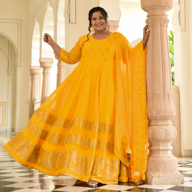 Sunglow & Gold Panelled Banarasi Anarkali