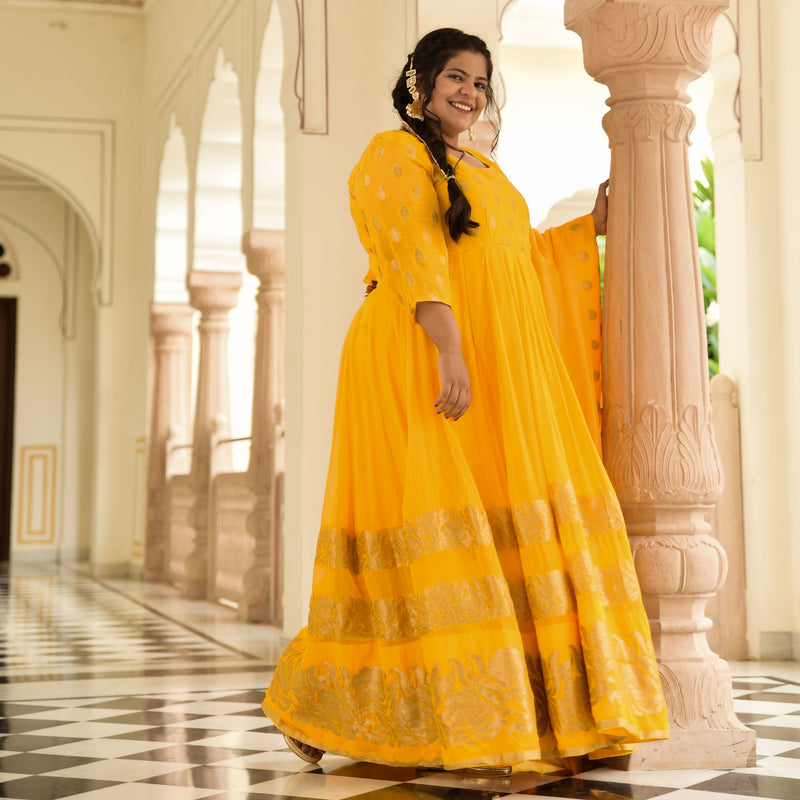 Sunglow & Gold Panelled Banarasi Anarkali