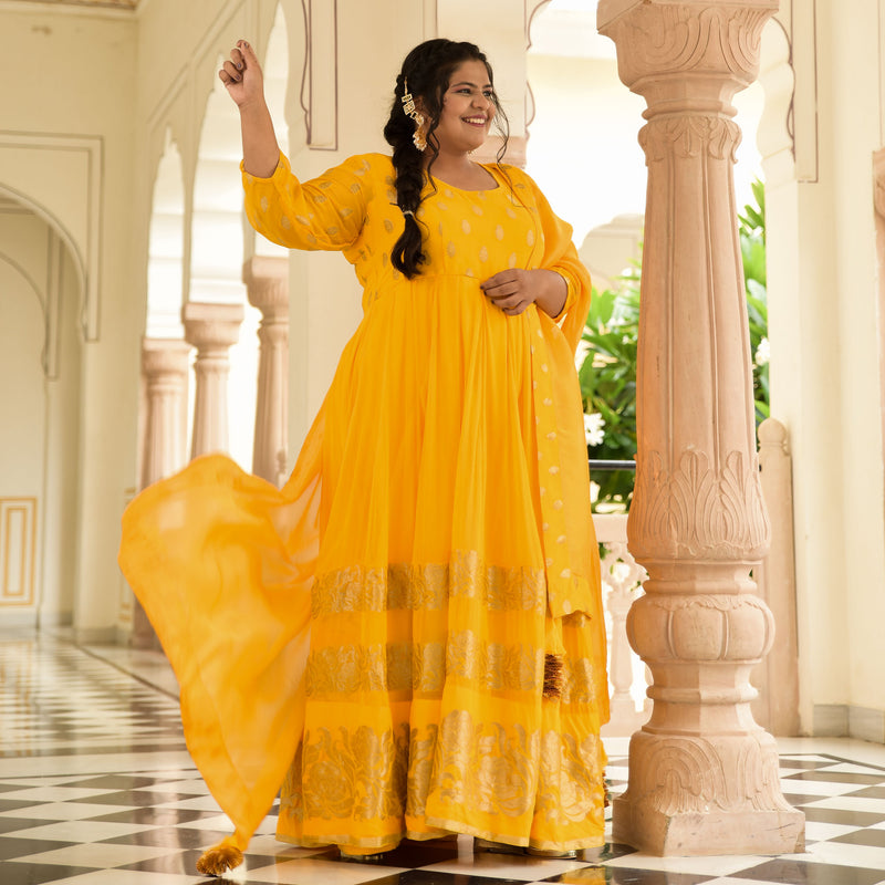 Sunglow & Gold Panelled Banarasi Anarkali