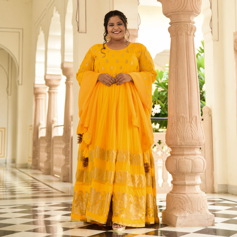 Sunglow & Gold Panelled Banarasi Anarkali