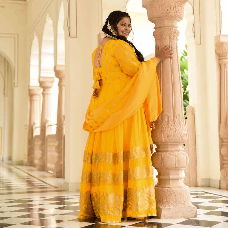 Sunglow & Gold Panelled Banarasi Anarkali