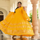 Sunglow & Gold Panelled Banarasi Anarkali