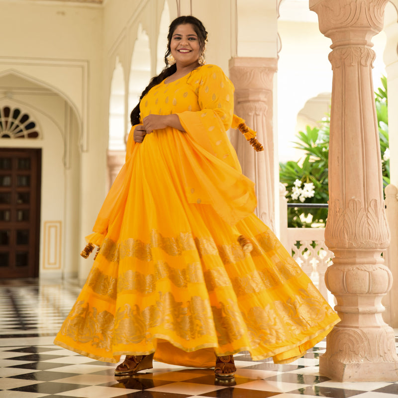 Sunglow & Gold Panelled Banarasi Anarkali