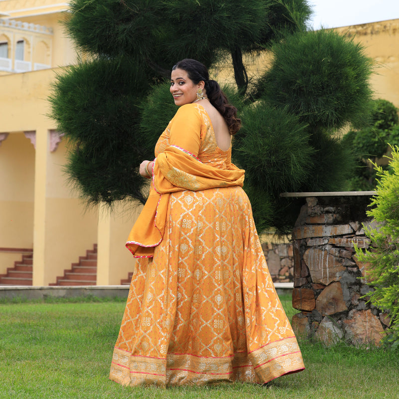 Saffron Yellow Banarasi Woven Silk Anarkali
