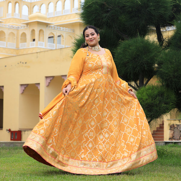 Saffron Yellow Banarasi Woven Silk Anarkali