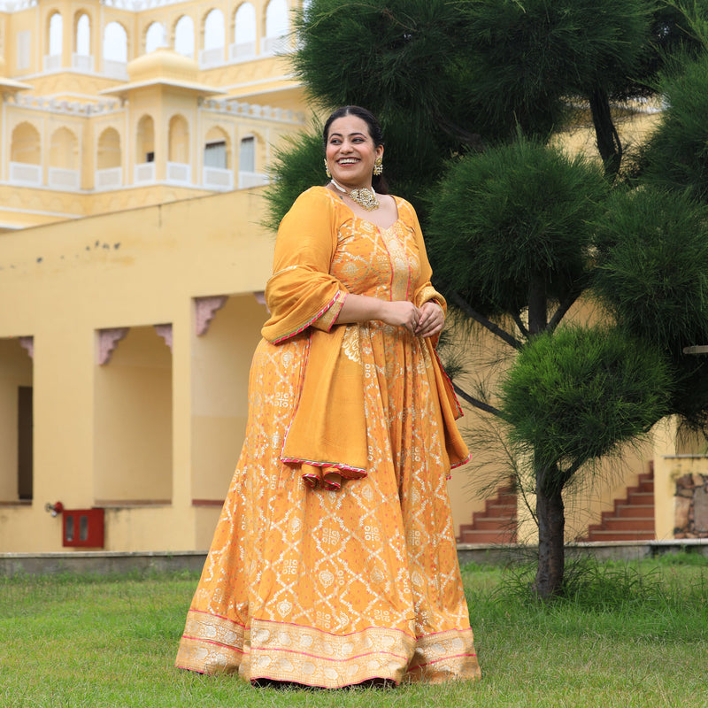 Saffron Yellow Banarasi Woven Silk Anarkali