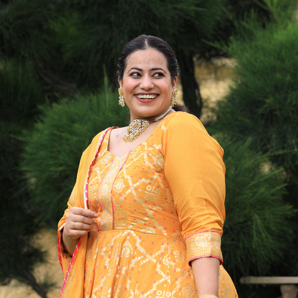 Saffron Yellow Banarasi Woven Silk Anarkali